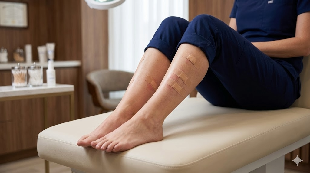 Close-up das pernas de uma paciente sentada em uma maca clara de consultório médico, mostrando pequenos curativos adesivos beges aplicados na região da canela e panturrilha logo após a sessão de escleroterapia para varizes. O fundo exibe o ambiente sofisticado e desfocado de uma clínica dermatológica no Morumbi, em São Paulo.
