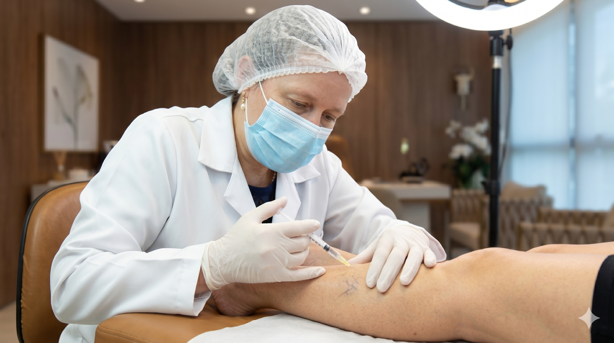 A Prof. Dra. Marcia Ferraz Nogueira, dermatologista em São Paulo, usando toca, máscara e luvas, realiza com precisão um procedimento de escleroterapia, injetando uma seringa fina diretamente em um vasinho visível na perna da paciente. Ela demonstra concentração sob luz de ring light em seu consultório premium desfocado.