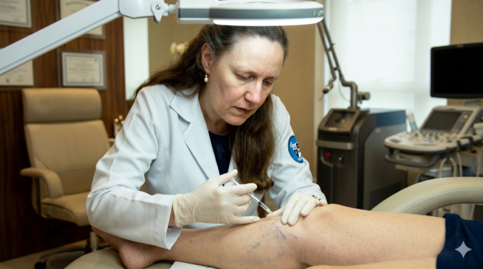 dra-marcia-ferraz-nogueira-tratamento-vasinhos-escleroterapia A dermatologista Prof. Dra. Marcia Ferraz Nogueira, vestindo jaleco clínico branco e luvas estéreis, trabalha concentrada ao aplicar uma injeção de escleroterapia em vasinhos azulados na perna de uma paciente. A cena é iluminada por uma lâmpada cirúrgica em um consultório dermatológico sofisticado em São Paulo, com aparelhos médicos de alta tecnologia ao fundo.